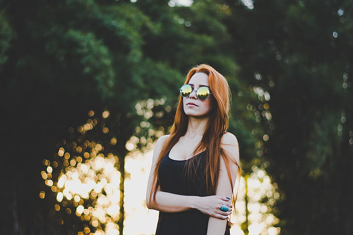 النساء ، تانك توب ، أحمر الشعر ، النظارات الشمسية، خلفية HD