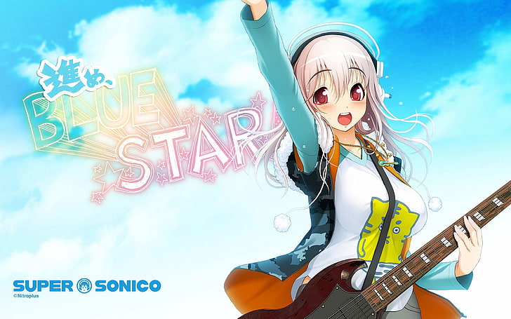 anime, anime girls, Super Sonico, red eyes, pink hair, guitar, arms up, headphones, HD wallpaper