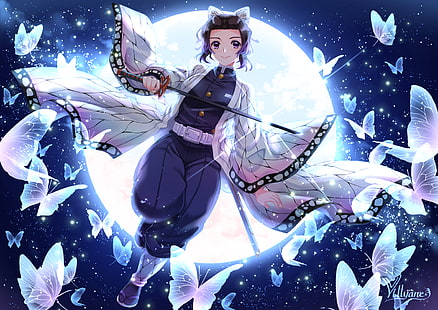Kimetsu no Yaiba, Kochou Shinobu, rambut hitam, katana, senjata, kupu-kupu, mata ungu, rambut pendek, pedang, seragam, Wallpaper HD HD wallpaper
