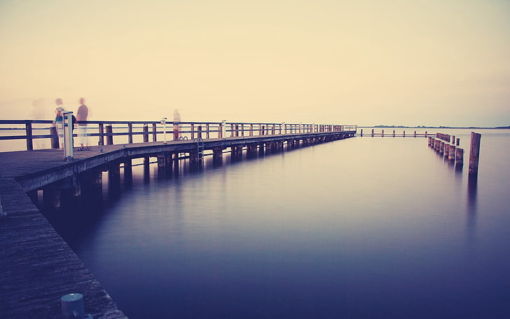brown wooden dock, bridge, sea, walk, fog, HD wallpaper