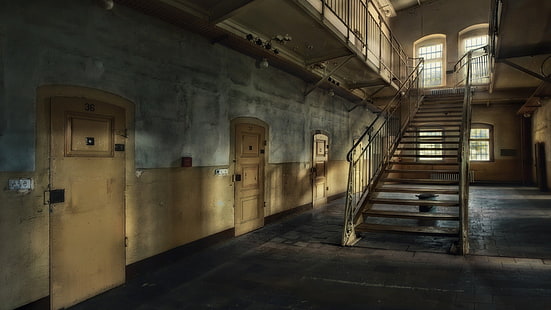 architettura, interno, abbandonato, silenzioso, prigione, porta, finestra, scale, corridoio, luce naturale, Sfondo HD HD wallpaper