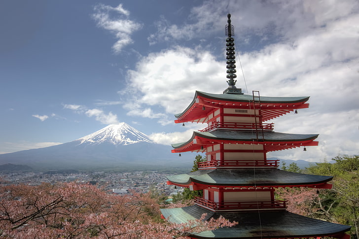 Mount Fuji, Japan, berg, vulkanen, Japan, Sakura, Fuji, panorama, pagod, Mount Fuji, Chureito Pagoda, Fujiyoshida, HD tapet