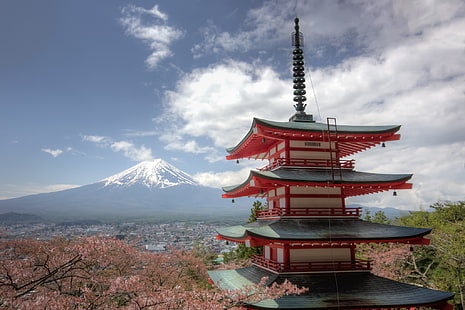 Mount Fuji, Japan, mountain, the volcano, Japan, Sakura, Fuji, panorama, pagoda, Mount Fuji, Chureito Pagoda, Fujiyoshida, HD wallpaper HD wallpaper