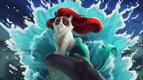 katter, Disney, Grumpy Cat, humor, The Little Mermaid, HD tapet HD wallpaper