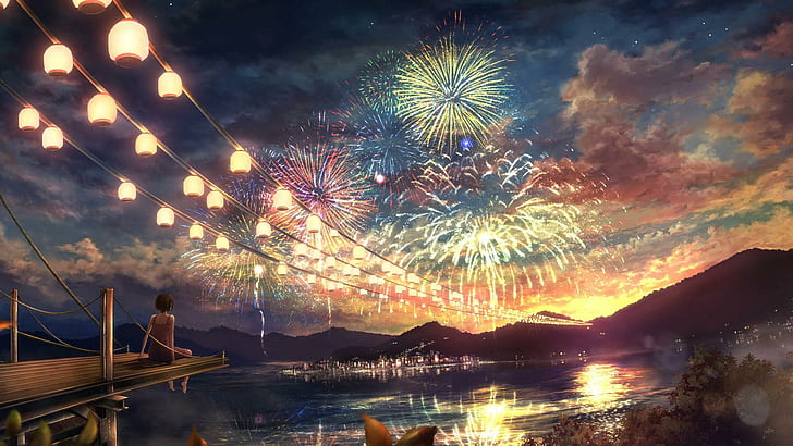 fireworks, anime art, night sky, night, lights, sky, HD wallpaper
