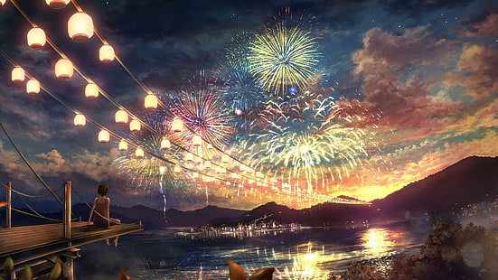 fuegos artificiales, arte del anime, cielo nocturno, noche, luces, cielo, Fondo de pantalla HD HD wallpaper