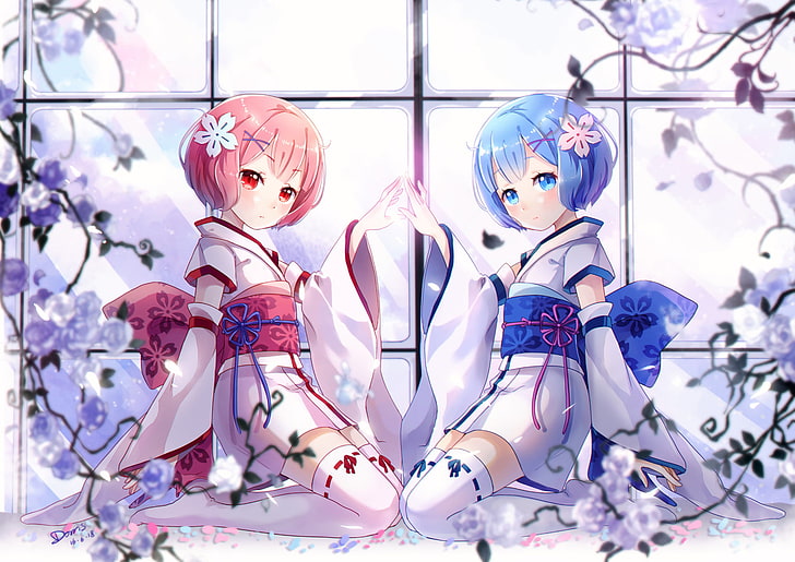 two female anime characters illustration, Anime, Re:ZERO -Starting Life in Another World-, Ram (Re:ZERO), Re:Zero, Rem (Re:ZERO), HD wallpaper