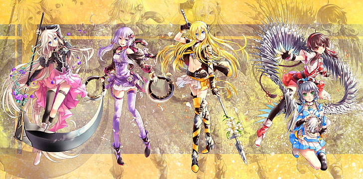 four assorted female characters digital wallpaper, Vocaloid, Lily (Vocaloid), IA (Vocaloid), Yuzuki Yukari, Luo Tianyi, Yuezheng Ling, lance, scythe, white hair, purple hair, grey hair, brunette, blue eyes, purple eyes, green eyes, red eyes, feathers, short skirt, lilies, HD wallpaper