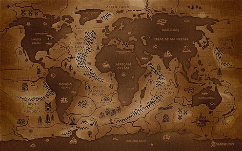 illustrazione di mappa mondo marrone, mondo, mappa del mondo, mappa, retro, invertito, Vladstudio, seppia, Sfondo HD HD wallpaper