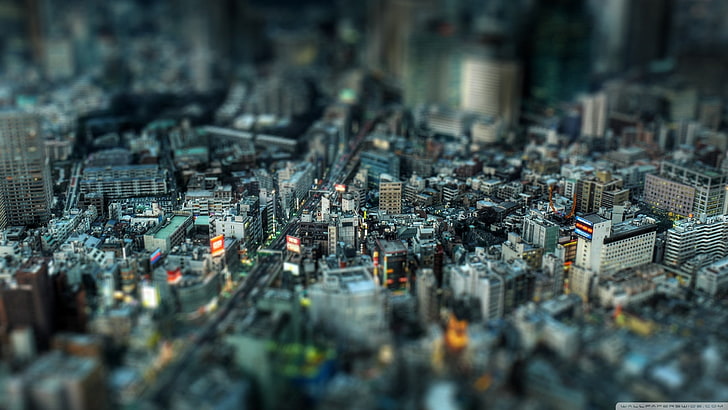 budynki miejskie, zdjęcia lotnicze budynków, tilt shift, pejzaż miejski, fotografia, miasto, Japonia, Tokio, Tapety HD