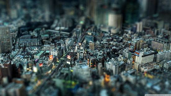 budynki miejskie, zdjęcia lotnicze budynków, tilt shift, pejzaż miejski, fotografia, miasto, Japonia, Tokio, Tapety HD HD wallpaper