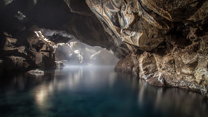 пещера с водоемом, природа, пейзаж, вода, скала, озеро, пещера, туман, солнечный свет, длительная выдержка, отражение, HD обои