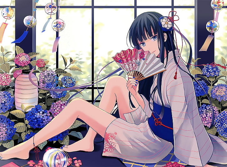 Anime, Original, Blaue Augen, Blume, Laterne, Langes Haar, Schleife, Yukata, HD-Hintergrundbild