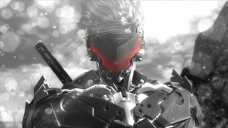 karakter permainan dengan wallpaper pedang, Metal Gear Rising: Revengeance, Raiden, robot ninja, pedang, berpijar, monokrom, cyborg, Wallpaper HD