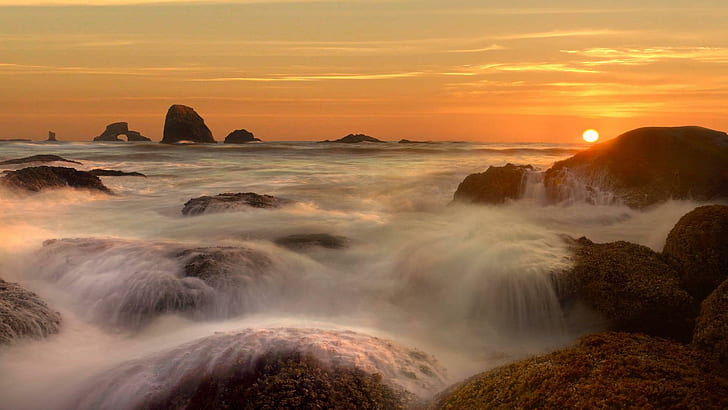 Pôr do sol na praia indiana Costa de Oregon, praia, rochas, ondas, pôr do sol, natureza e paisagens, HD papel de parede
