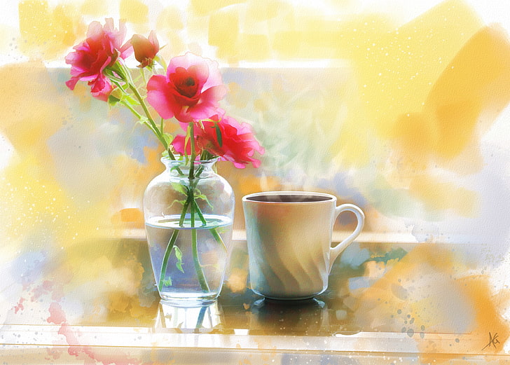白いマグカップ絵画、花、コーヒー、バラ、カップ、花瓶、絵画の横にある花瓶の赤いバラ、 HDデスクトップの壁紙