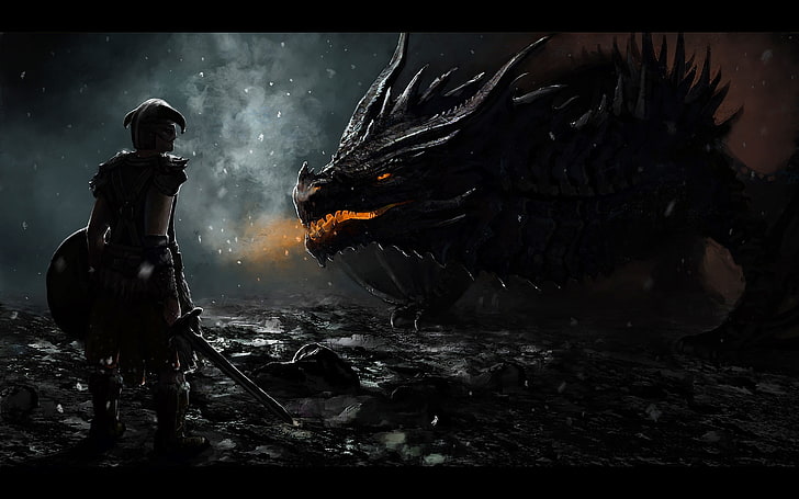 persona frente a fondo de pantalla de dragón negro, The Elder Scrolls V: Skyrim, dragon, Fondo de pantalla HD