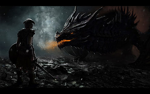 شخص يواجه خلفية التنين الأسود ، The Elder Scrolls V: Skyrim ، dragon، خلفية HD HD wallpaper