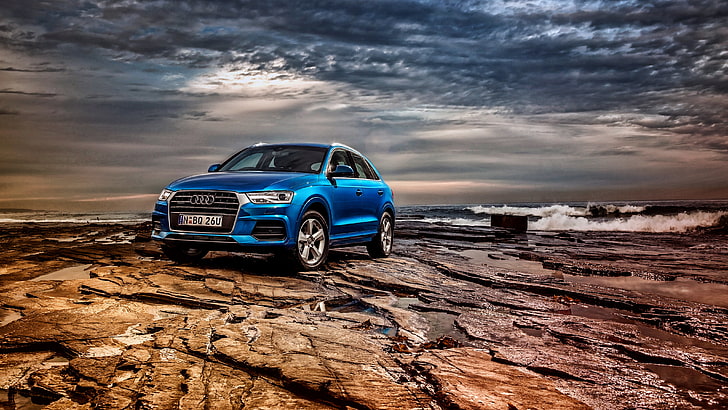 синий Audi седан, audi, q3, tfsi, quattro, au-spec, синий, вид сбоку, HD обои
