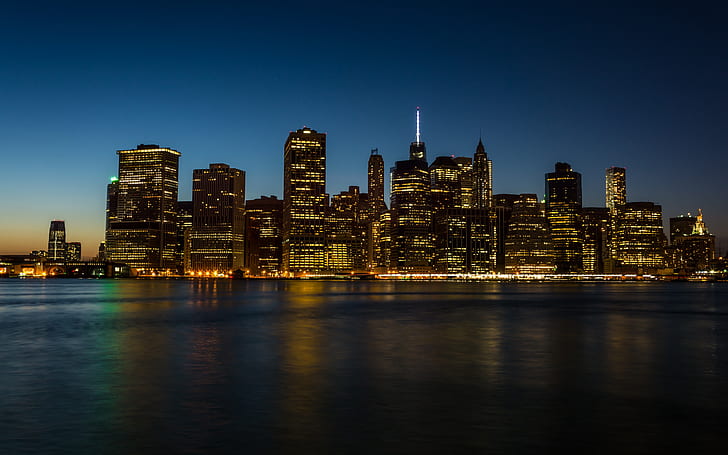 city, coast, water, Manhattan, NYC, reflection, buildings, architecture, skyscrapers, cityscape, metropolis, 4k ultra hd background, city ​​lights, 