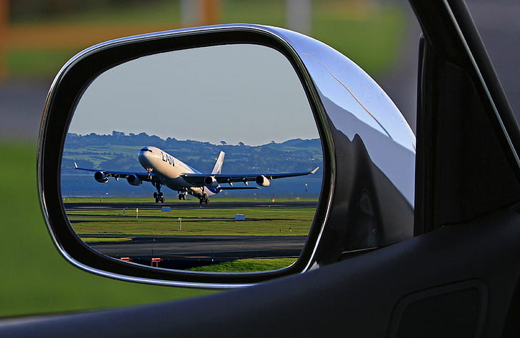 avion, avion, avion, aéroport, aviation, voiture, départ, vol, miroir, perspective, piste, rétroviseur extérieur, décollage, voyage, véhicule, Fond d'écran HD