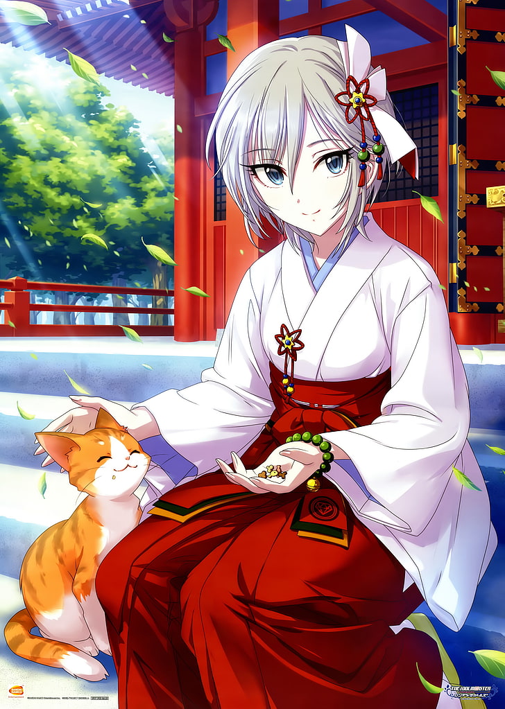 miko, cat, white hair, kittens, Japanese clothes, HD wallpaper