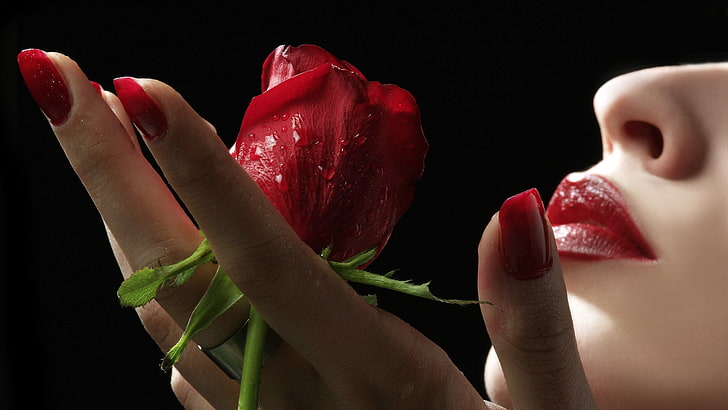 cantik, gadis, merah, mawar, Wallpaper HD