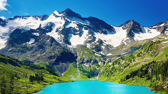 カナダ、自然、山、山脈、山の風景、荒野、氷河湖、空、アルプス、高地、湖、銀行、ブリティッシュコロンビア、山塊、青い空、山の湖、 HDデスクトップの壁紙 HD wallpaper