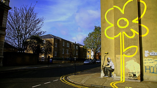 графити с жълто цвете, улица, графити, Банкси, цветя, градски, стена, HD тапет HD wallpaper