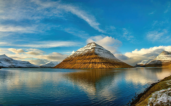 brown and white house near body of water painting, Faroe Islands, nature, sky, clouds, water, snow, reflection, HD wallpaper