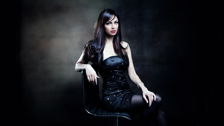 black dress, brunette, sitting, chair, women, long hair, model, black hair, HD wallpaper