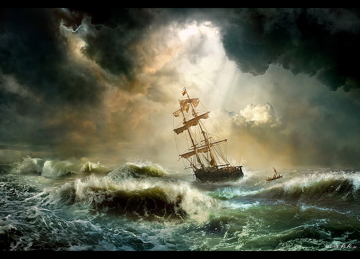 Tempête, art, nuage, bateau, peinture, mer, Fond d'écran HD