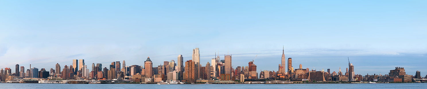 Ню Йорк, троен екран, широкоъгълен, град, градски пейзаж, Манхатън, HD тапет HD wallpaper