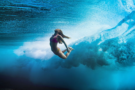 девушка, под водой, море, серфинг, HD обои HD wallpaper