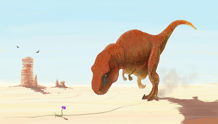 dinosaure marron peinture, dinosaures, créativité, désert, art numérique, Fond d'écran HD