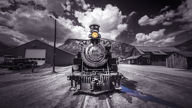 Черно и бяло, облак, фотография, железопътна линия, монохромна фотография, небе, монохромен, тъмнина, железопътна линия, влак, релса, локомотив, HD тапет