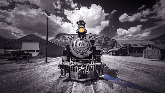 hitam dan putih, awan, fotografi, kereta api, fotografi monokrom, langit, monokrom, kegelapan, kereta api, kereta api, kereta api, lokomotif, Wallpaper HD HD wallpaper