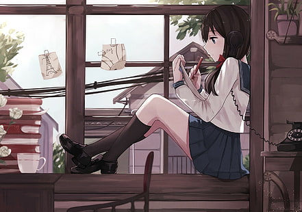 Anime Girls, Schuluniform, Telefon, Fenster, Anime Girls, Schuluniform, Telefon, Fenster, 1713x1203, HD-Hintergrundbild HD wallpaper