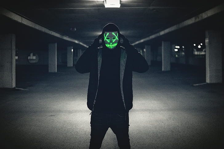 man, mask, hood, anonymous, glow, HD wallpaper