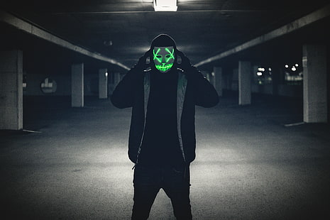 hombre, máscara, capucha, anónimo, resplandor, Fondo de pantalla HD HD wallpaper