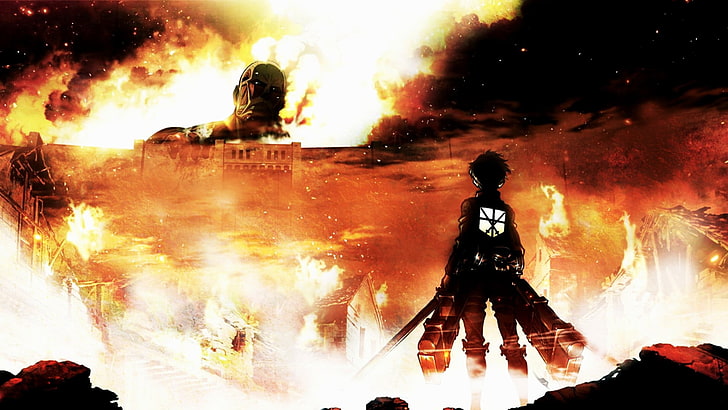 Атака върху тапет на Titan, Shingeki no Kyojin, огън, аниме, Colossal Titan, Eren Jeager, меч, произведения на изкуството, HD тапет