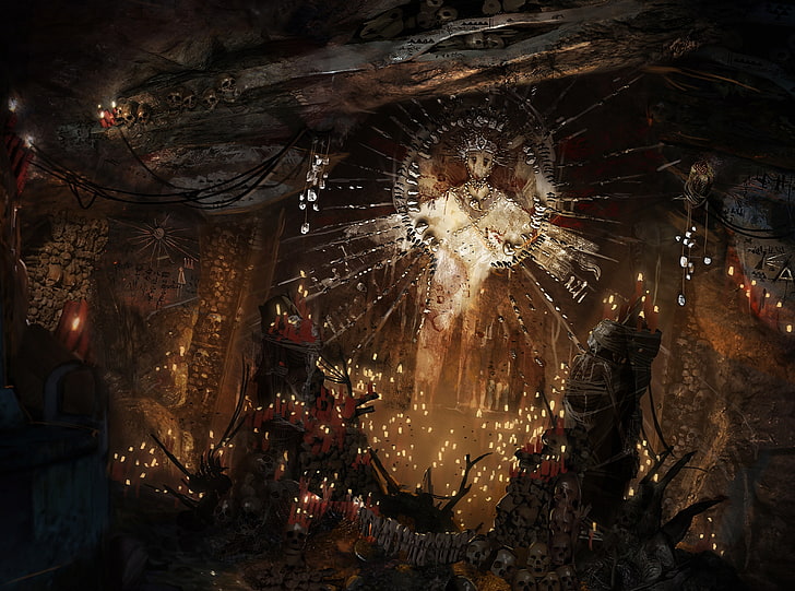 Tomb Raider - Sacrifice Altar, cave wallpaper, Games, Tomb Raider, video game, concept art, gaming, 2013, altar, creepy, candles, skulls, bones, sacrifice, HD wallpaper