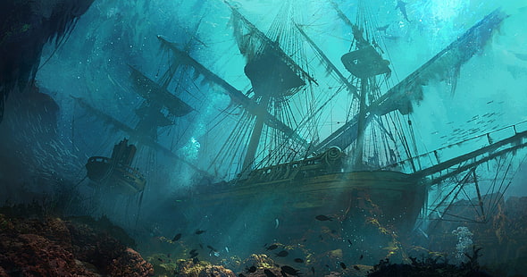 bateau pirate brun, œuvres d'art, navires en perdition, navire, dessin, mer, art fantastique, naufrage, sous l'eau, turquoise, cyan, Fond d'écran HD HD wallpaper