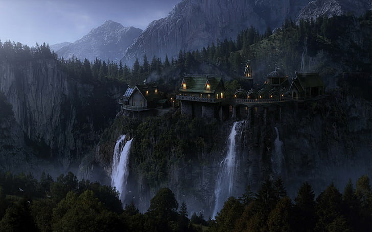 Casa de hormigón marrón en la montaña junto a las cataratas, El Señor de los Anillos, Rivendel, Fondo de pantalla HD