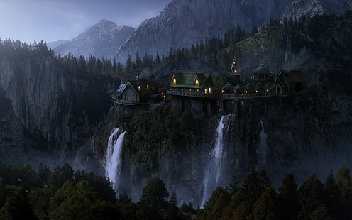 Maison en béton brun sur la montagne à côté des chutes d'eau, le Seigneur des anneaux, Rivendell, Fond d'écran HD HD wallpaper