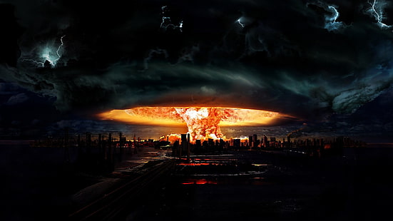 тапет за изригване, филмова сцена, ядрена, експлозия, градски пейзаж, град, гъбни облаци, огън, апокалиптичен, светлини, дигитално изкуство, космос, изригване, атомна бомба, HD тапет HD wallpaper