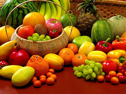 ผลไม้, ทุกประเภท, สับปะรด, แตงโม, องุ่น, ส้ม, ส้มเขียวหวาน, กีวี, แอปเปิ้ล, ตะกร้า, วอลล์เปเปอร์ HD HD wallpaper