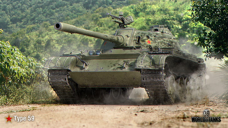 дорога, лес, пыль, танк, китайский, средний, World of Tanks, Type-59, HD обои