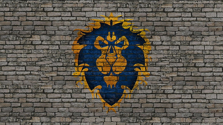 nadrukowany żółty i niebieski lew, World of Warcraft, Alliance, ściana, logo, gry wideo, Tapety HD