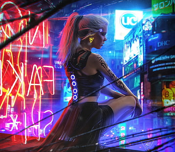 seni digital, wanita, pirang, futuristik, tato, robot, fiksi ilmiah, Pavel Bondarenko, Cyberpunk 2077, profil, lampu, Wallpaper HD HD wallpaper